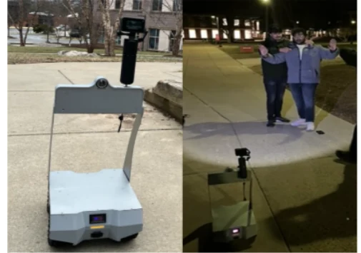 A mobile ground robot and the outdoor recording setup used in the published CHI 2026 project.